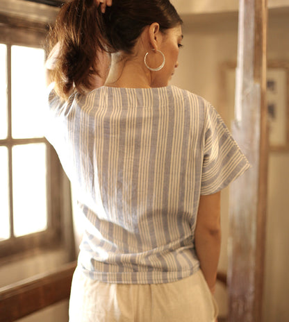 Dara Handwoven Cotton Cap Sleeve Shirt in Riviera Blue