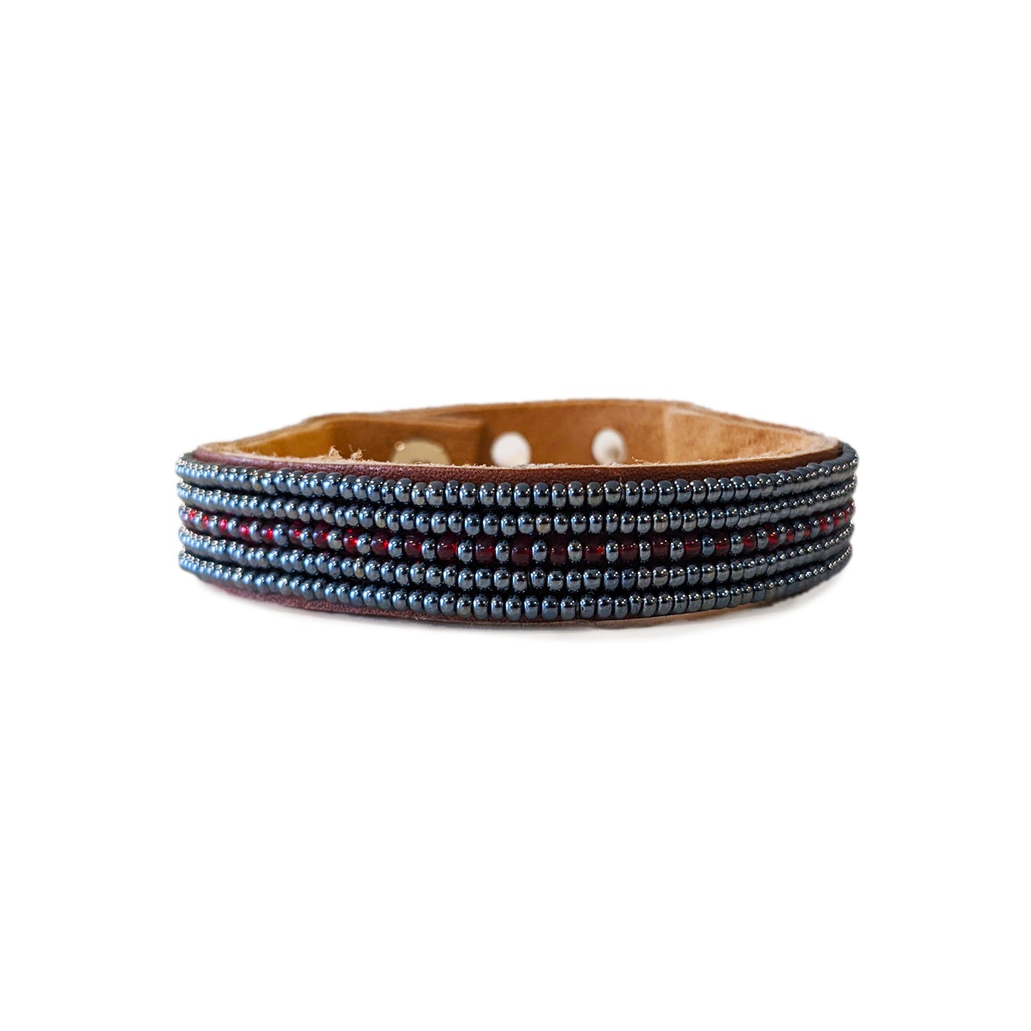 Dashes Garnet and Slate Beaded Leather Cuff