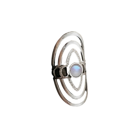 Cosmic Ripple Ring with Rainbow Moonstone and Phases of the Moon