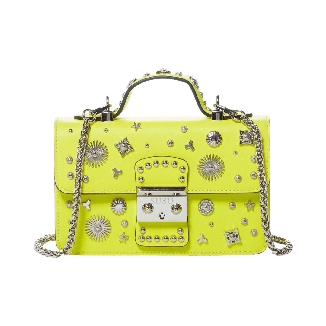 The Hollywood Studded Leather Crossbody Bag in Neon Yellow