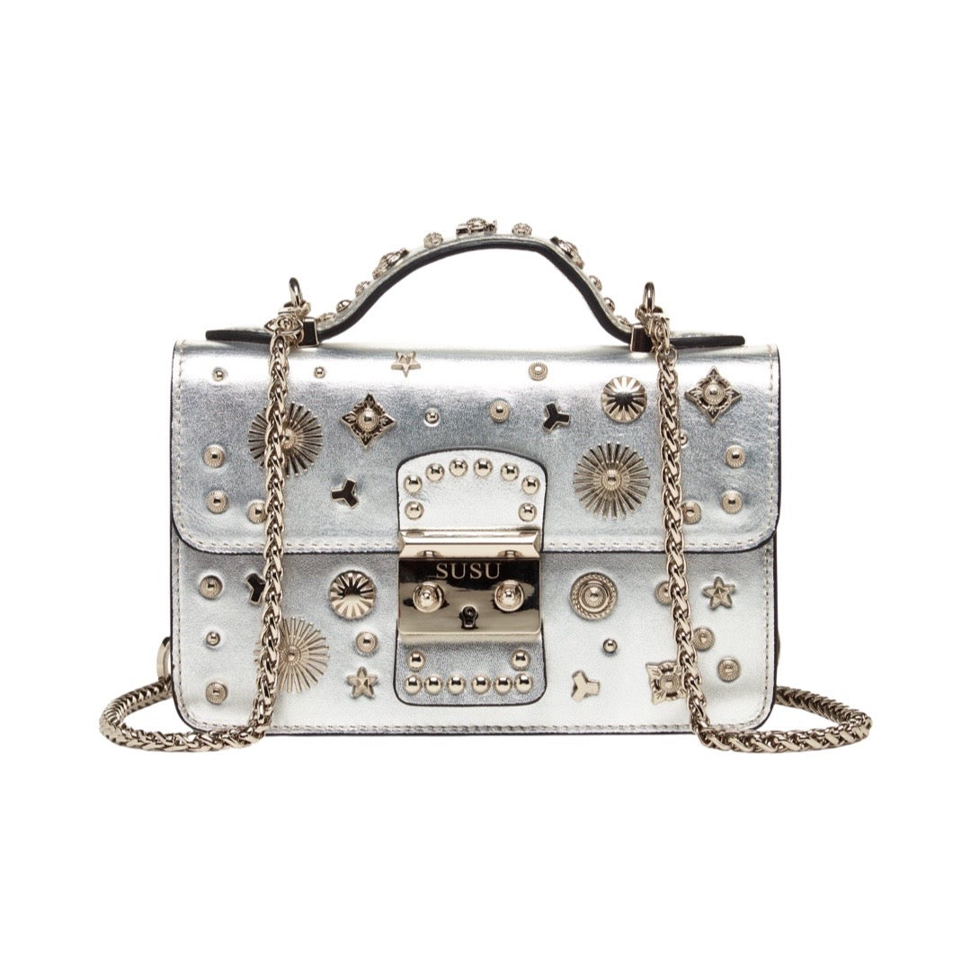 The Hollywood Studded Leather Crossbody Bag in Silver