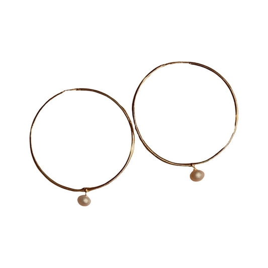Solid 14kt Yellow Gold Pearl Hoops