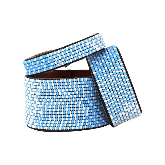 Ombre Light Blue and White Beaded Leather Cuff