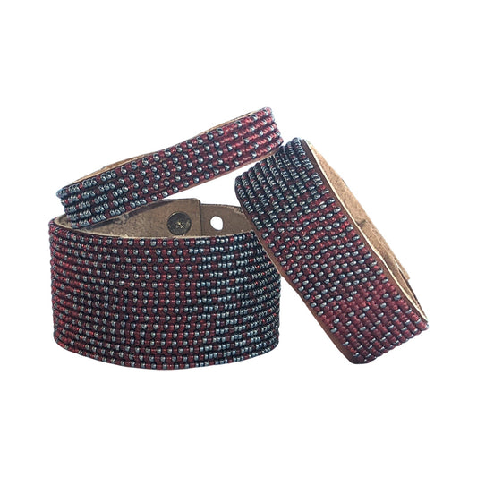 Ombre Garnet and Slate Beaded Leather Cuff