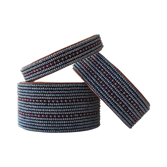 Dashes Garnet and Slate Beaded Leather Cuff