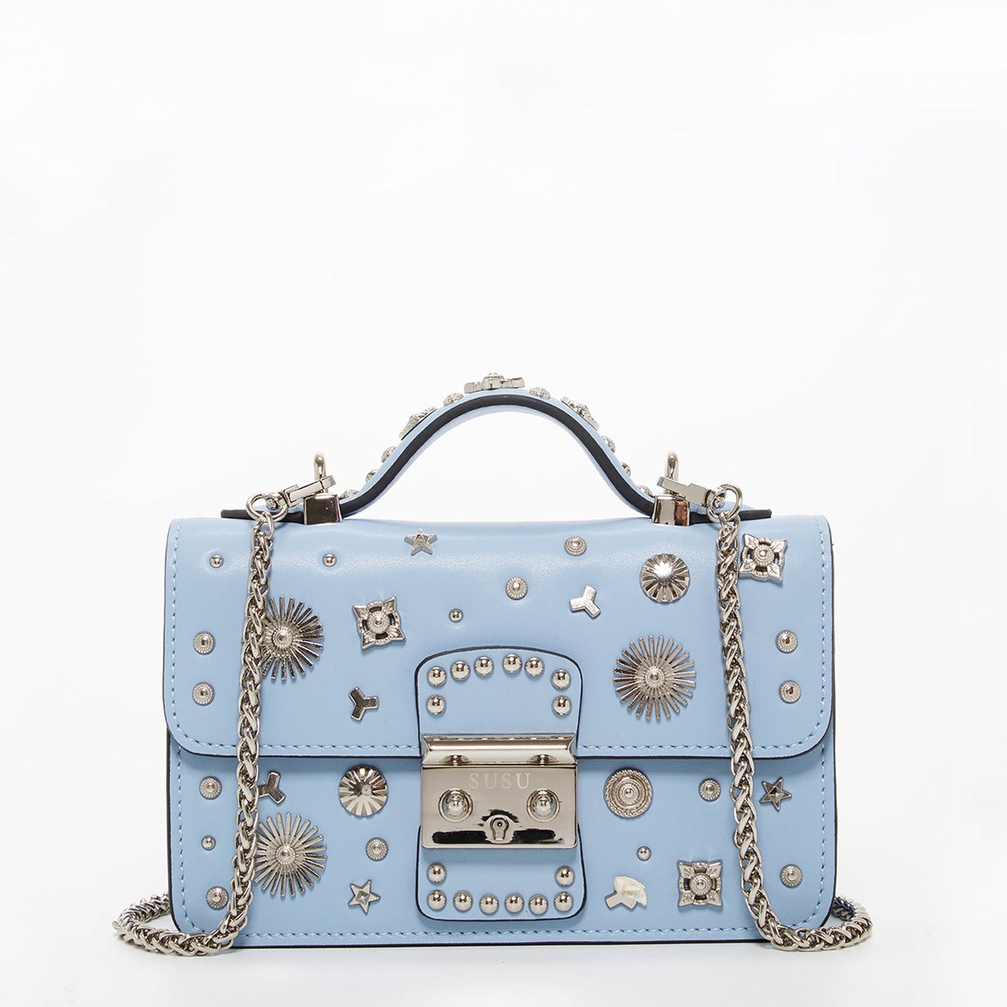 The Hollywood Studded Leather Leather Crossbody in Light Blue