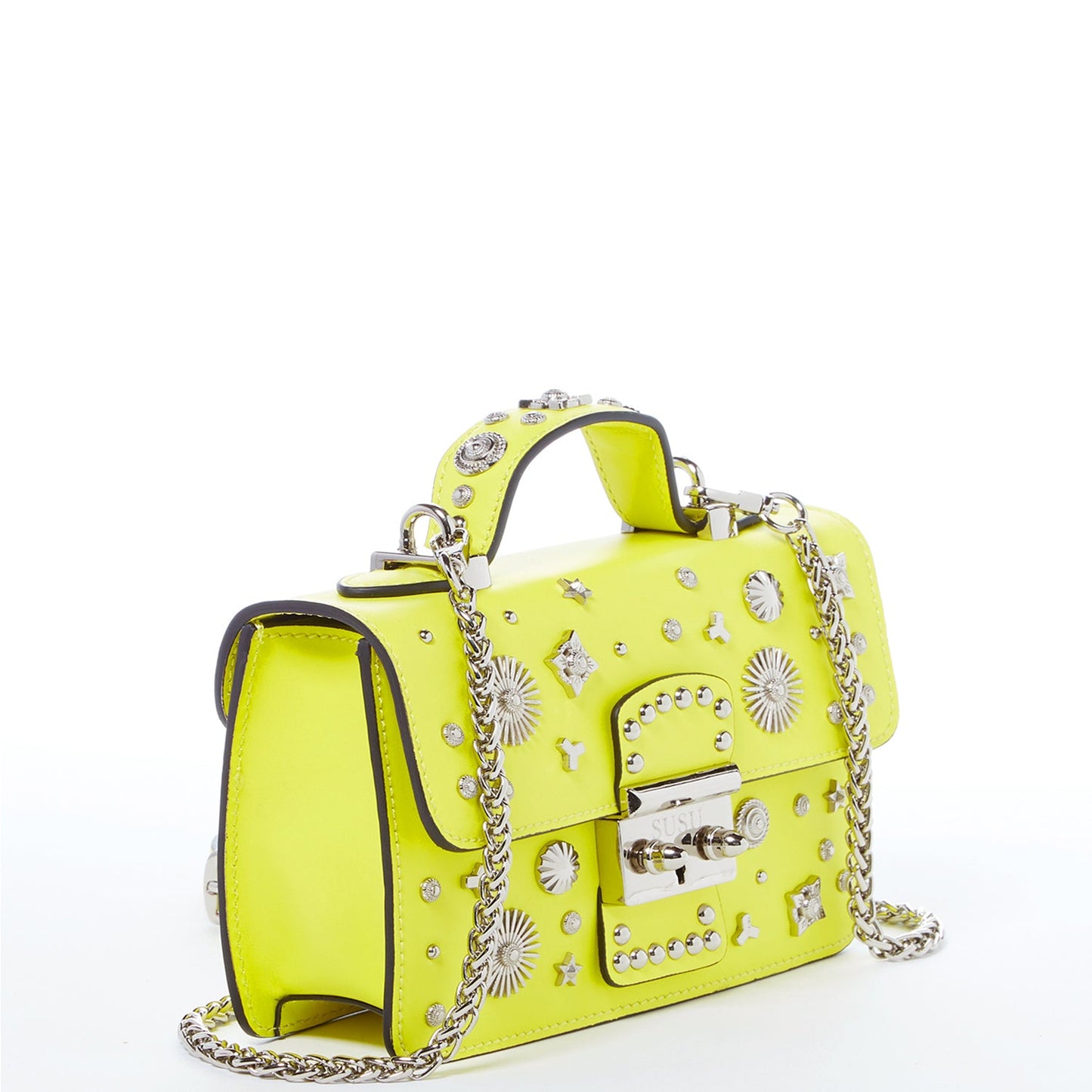 The Hollywood Studded Leather Crossbody Bag in Neon Yellow