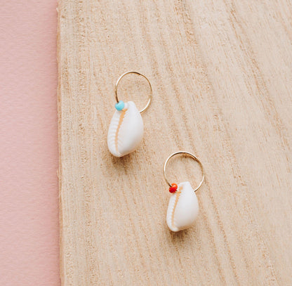 Beaded Cowrie Shell Hoops